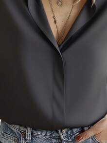 1pc Solid Color Polyester Front Button Shirt, Casual & Resort Wear, Spring/Autumn Black - Black - View 3