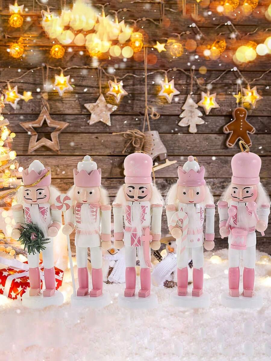 5pcs-13cm/5.11in Pink Walnut Soldier Pendant Nutcrackers Hanging Ornament Figures - Christmas Mini Wooden King And Soldier Nutcracker Christmas Tree Decorations