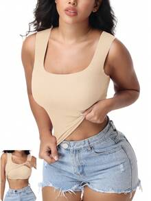 Women's Built-In Bra Tank Top Ribbed Slim Fit Wirefree Shelf Padded Tank Shirts Wide-Strap Square Neck Undershirt - Khaki - View 1