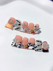 10pcs Y2K Halloween Platypus Handmade Nail Art Stickers, Full Crystal Decor, Evil Eye Design, Exaggerated Jewelry Style, Ombre Gradient, DIY Nail Stickers, Acrylic False Nails; Suitable For Holidays, Parties, Daily Wear; Includes 1 Bottle Of Jelly Gel And 1 Mini Nail File. Nail Supplies - Black and White - View 2