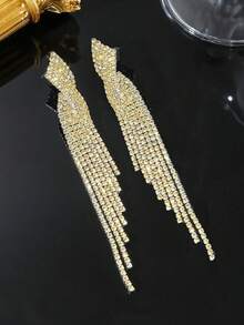 1 Pair Rhinestone Encrusted Long Tassel Earrings, Versatile For Daily Wear - Yellow Gold - View 2