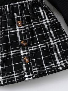 2 件女婴优雅长袖上衣 + 格子裙套装，秋冬 - 黑色 - 查看 6