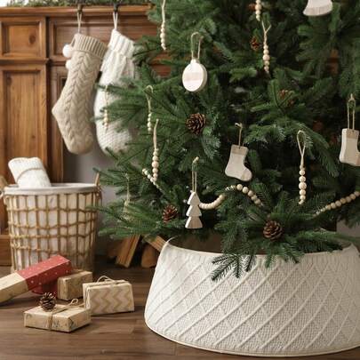 奶油色十字水钻镶边粗花针织圣诞树裙，适用于人造树，乡村农舍风格树圈，圣诞家居装饰，圣诞装饰，房间装饰，冬季圣诞装饰，家居圣诞礼物，圣诞装饰品