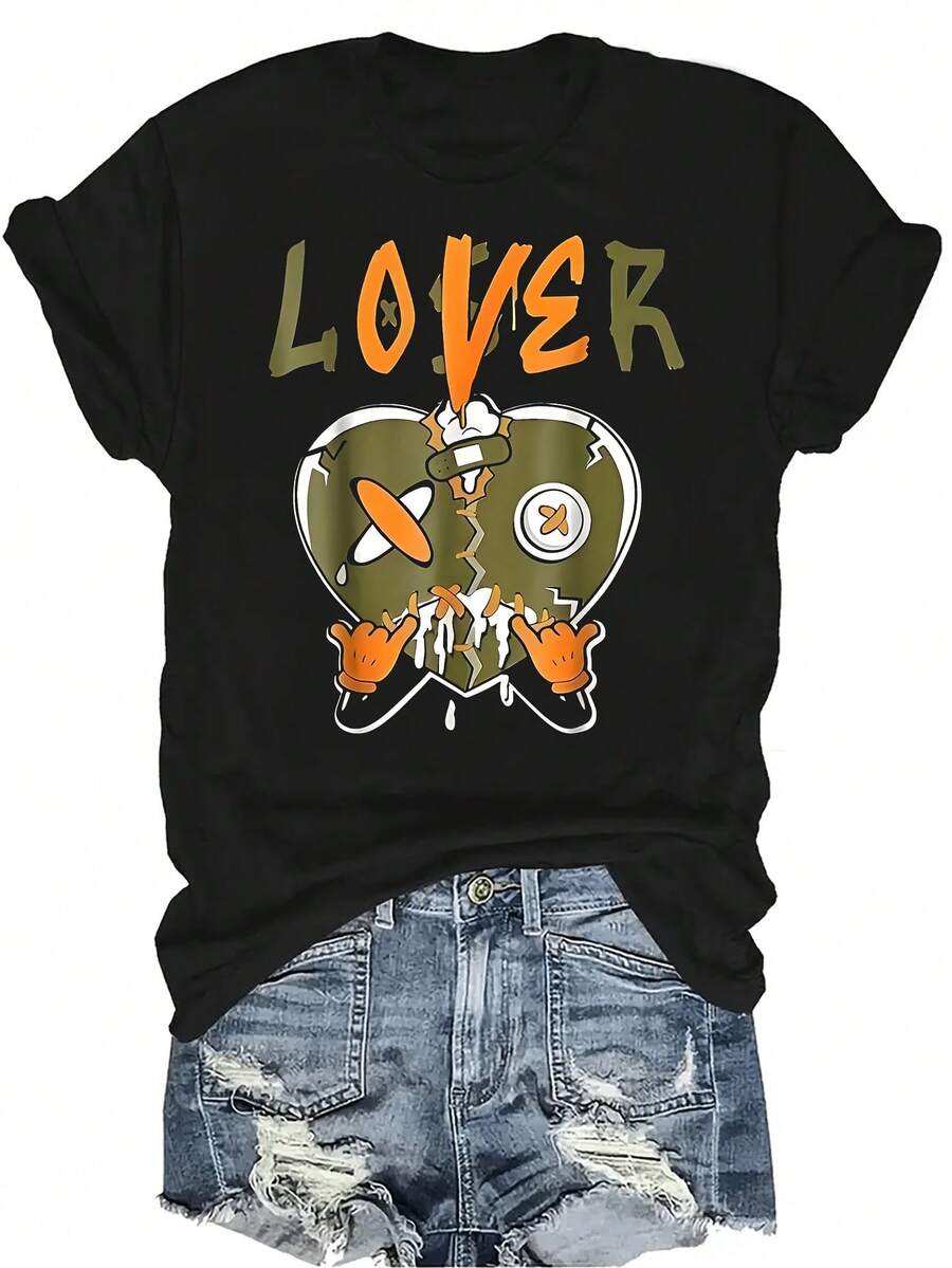 Camiseta verde oliva de manga corta con cuello redondo, de estilo casual y transpirable, con estampado de corazón con goteo "Loser Lover", adecuada para adolescentes y adultos - Negro - Ver 1