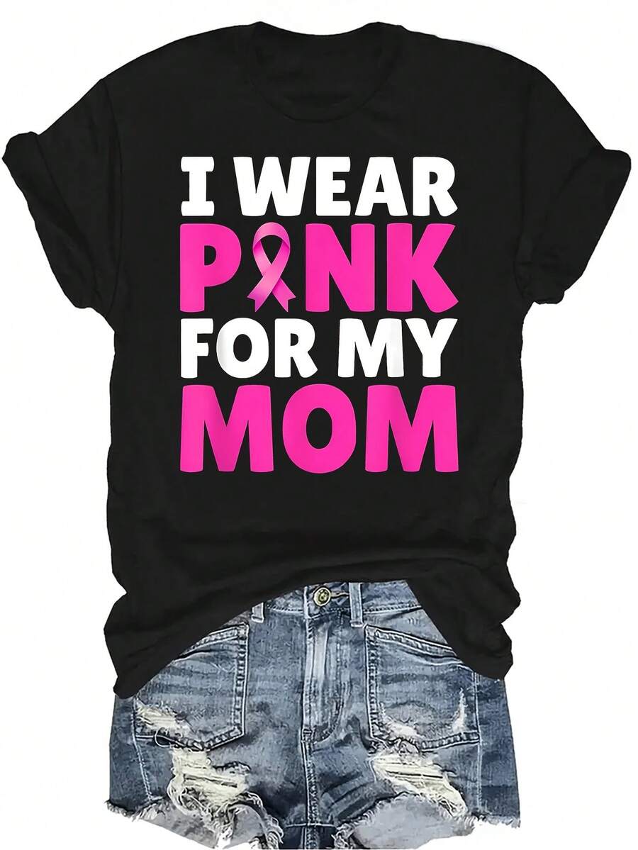 Uso rosa por mi mamá Camiseta para mujer Unisex Verano Casual Transpirable Personalidad Cuello redondo Manga corta Camiseta Ropa de calle Versátil, Adecuado para adolescentes y adultos - Negro - Ver 1