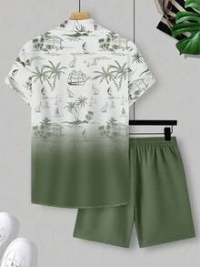 男士两件套热带椰子树印花短袖衬衫和短裤套装，休闲夏季户外活动，舒适服装 - 綠色 - 查看 2