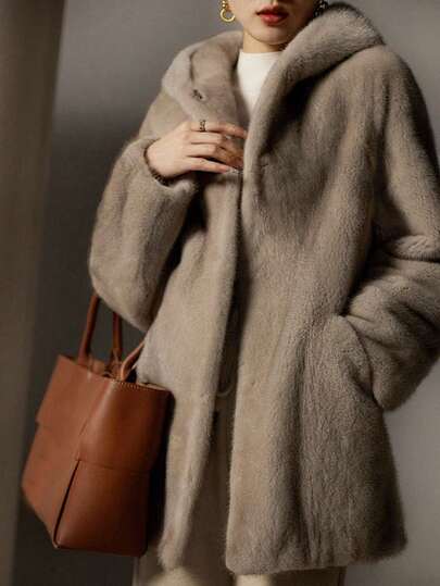 Women's Loose Casual Solid Color Fluffy Hooded Jacket, Autumn/Winter