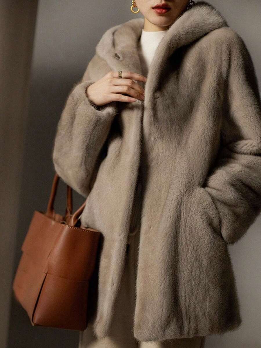 Áo khoác trùm đầu màu trơn rộng rãi thoải mái cho nữ, Thu/Đông - Xám - Xem 1