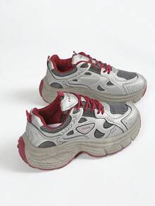 Women's New Thick Sole Anti-Slip Outdoor Sports Fashionable Casual Running Chunky Sneakers - Burgundy - View 1