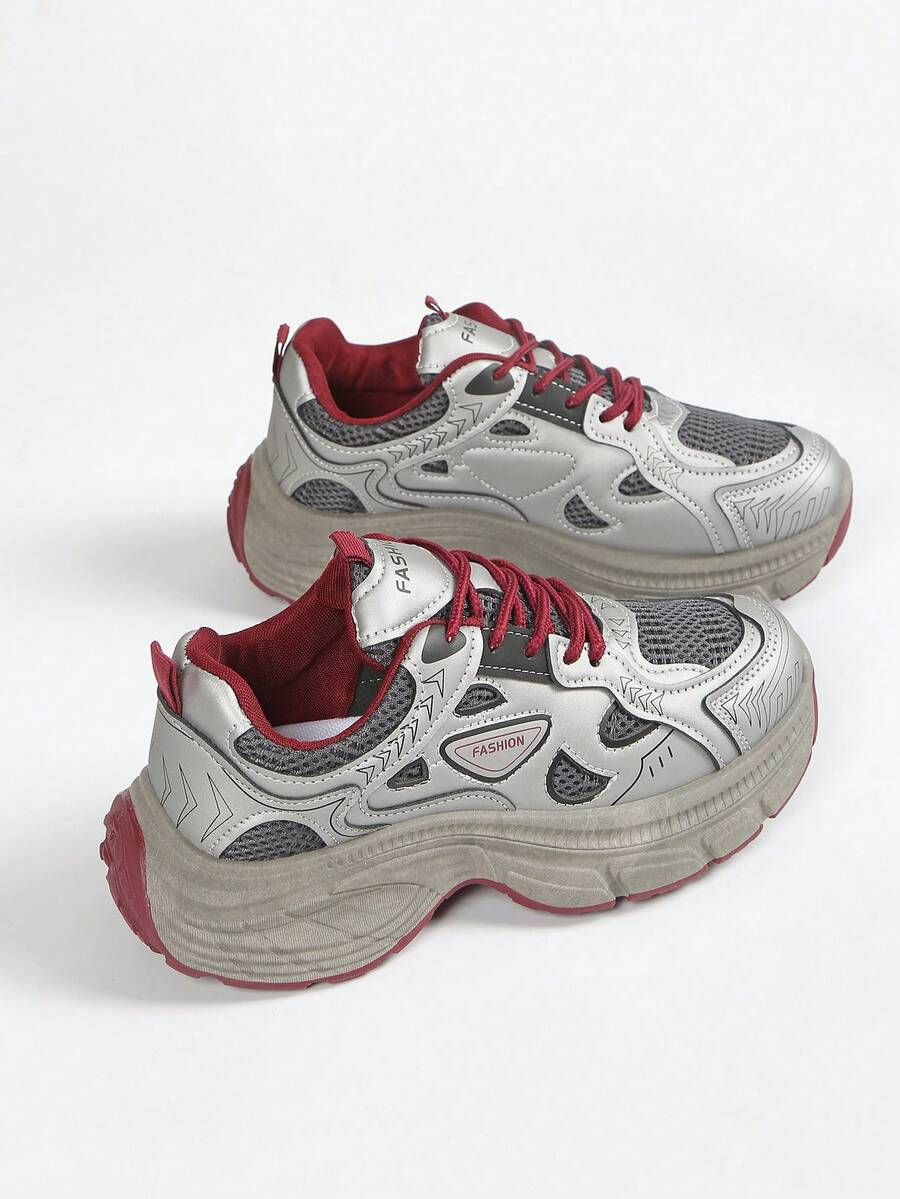 Women's New Thick Sole Anti-Slip Outdoor Sports Fashionable Casual Running Chunky Sneakers - Burgundy - View 1