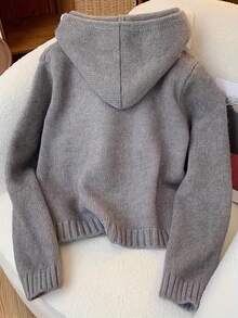 女式短款宽松拉链连帽针织开衫，秋冬 - 灰色 - 查看 2