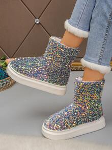 Botas de neve femininas plus size com lantejoulas coloridas e cano médio, moda inverno, lançamento, forro macio, quentes, confortáveis, versáteis, botas curtas antiderrapantes para uso diário - cor cinza - Ver 8