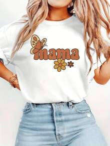 Mama Graphic Tee Floral Butterfly , Women's Double Sided Printed Fashion Casual Round Neck 220gsm Cotton T-Shirt (1 PC) - White - View 2