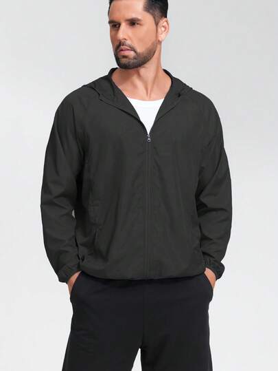 Plus Size Men's Zipper Casual Jacket, Character, Black Long Sleeve, Going Out, Street Wear, Long Sleeve Man Tops, Black Sweatshirt, Hooded Black Long Sleeved Lightweight Outdoor, A Gift For Friends, Husbands, And Boyfriends Sports