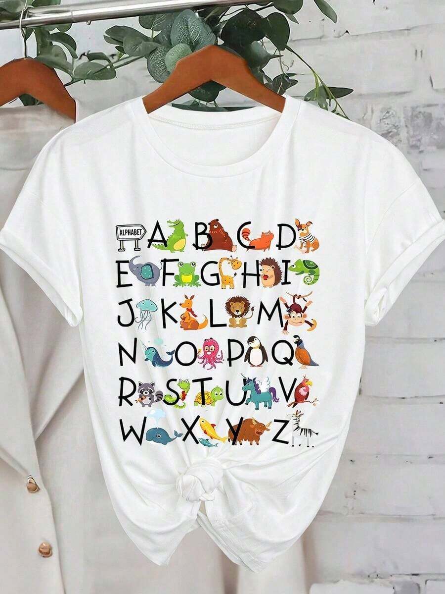 Camiseta de manga corta con estampado de animales de dibujos animados y letras para mujer, camisetas gráficas de verano para mujer - Blanco - Ver 1