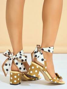 女士高跟凉鞋,适合派对、户外、高跟、女士凉鞋、旅行、时尚度假、粗跟方头、波尔卡圆点围巾领带、3D 圆点蝴蝶结装饰、纯色纹理材质、优雅的金色高跟凉鞋 - 金色 - 查看 6