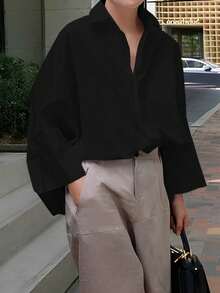 女士法式纯色长袖商务面试通勤休闲宽松简约气质优雅春夏秋季衬衫 - 黑色 - 查看 3
