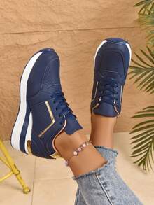 2025秋冬新款纯色系带休闲运动鞋，时尚透气百搭休闲畅销运动鞋，舒适增高，2025新款时尚舒适休闲运动鞋适合大码女士，适合所有季节，春夏秋冬，优雅，性感，低价，休闲，运动，户外，派对，婚礼，情人节 - 藍色 - 查看 2