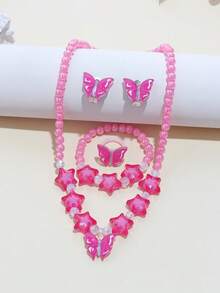 5pcs/10pcs Girls Pink Charm Beaded Butterfly, Pentagram, Flower Bracelet, Necklace, Ring, Earrings Jewelry Set, Suitable For BFFs, Little Sisters, Daily, Party, Birthday Gift - Multicolor - View 4