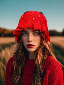 1 chiếc Mũ len móc hình hoa dâu tây phong cách Bohemian dành cho nữ (Mũ Giáng sinh), Thời trang & Thanh lịch - Mũ dâu tây thủ công - Xem 1