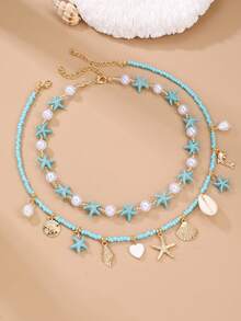 2 件套贝壳和海星串珠项链，适合女孩，适合节日和日常佩戴 - 彩色 - 查看 13