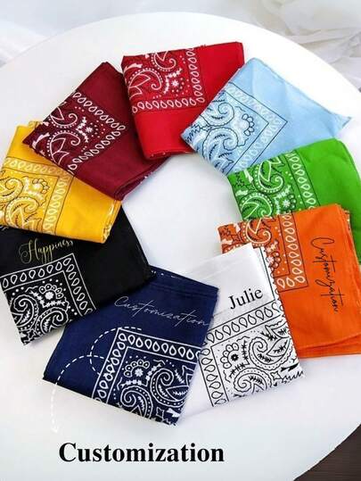 1 Customized Name And Date Denim Women's Scarf, Headscarf, Square Scarf, Personalized Paisley Pattern Square Scarf, Customized Handkerchief, Vintage Square Scarf For Bridesmaids, Party Gifts, Bridesmaid Gifts, Suitable For Weddings, Rock Music Festivals, Parties And Concerts, Suitable For Men And Women.