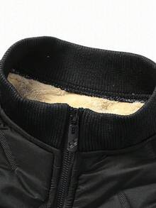 男士休闲抓绒外套 - 黑色立领拉链口袋设计，涤纶内衬，适合秋冬季节，休闲冬装 | 立领外套 | 拉链外套 - 黑色 - 查看 4