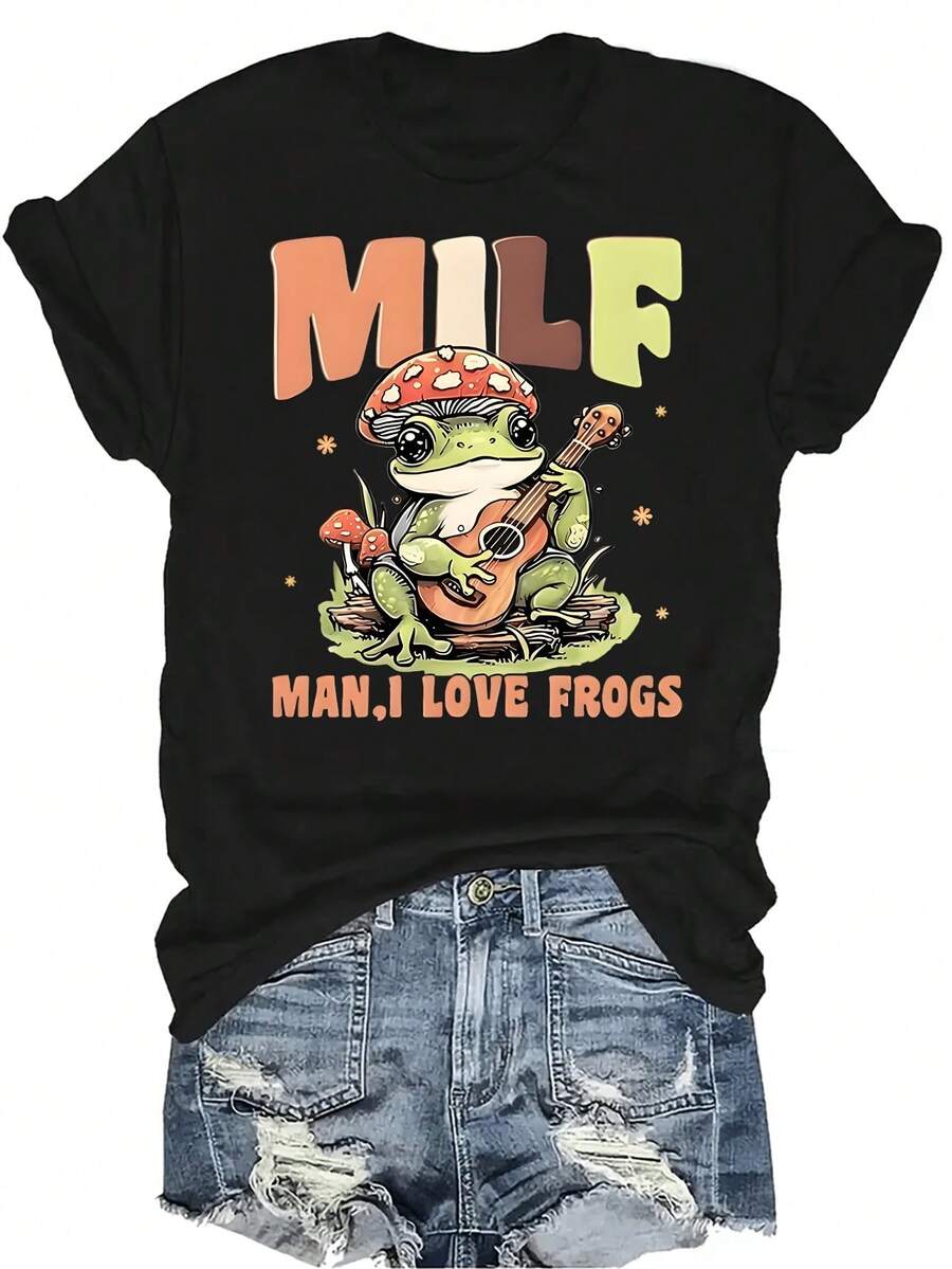 Camiseta con diseño de rana y guitarra para mujeres y unisex, de verano, casual, transpirable y de personalidad, con cuello redondo y manga corta, para uso versátil, adecuada para adolescentes y adultos - Negro - Ver 1