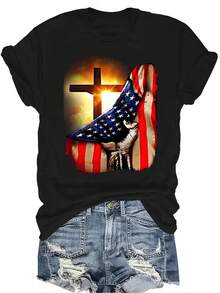 Camiseta con patrones interesantes para mujer y unisex, de verano, casual, transpirable, con cuello redondo, manga corta, estilo urbano y versátil, adecuada para adolescentes y adultos - Negro - Ver 1