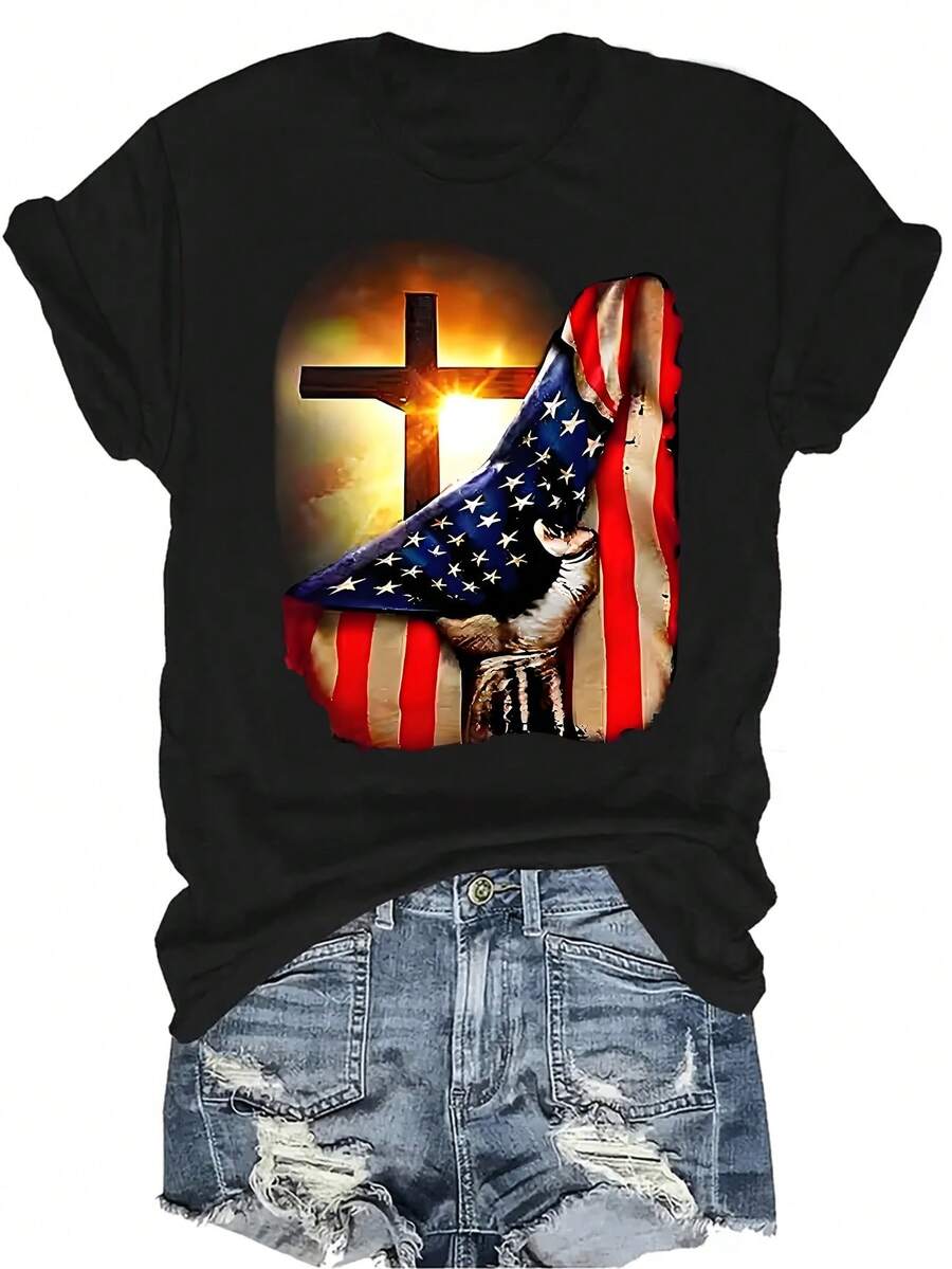 Camiseta con patrones interesantes para mujer y unisex, de verano, casual, transpirable, con cuello redondo, manga corta, estilo urbano y versátil, adecuada para adolescentes y adultos - Negro - Ver 1