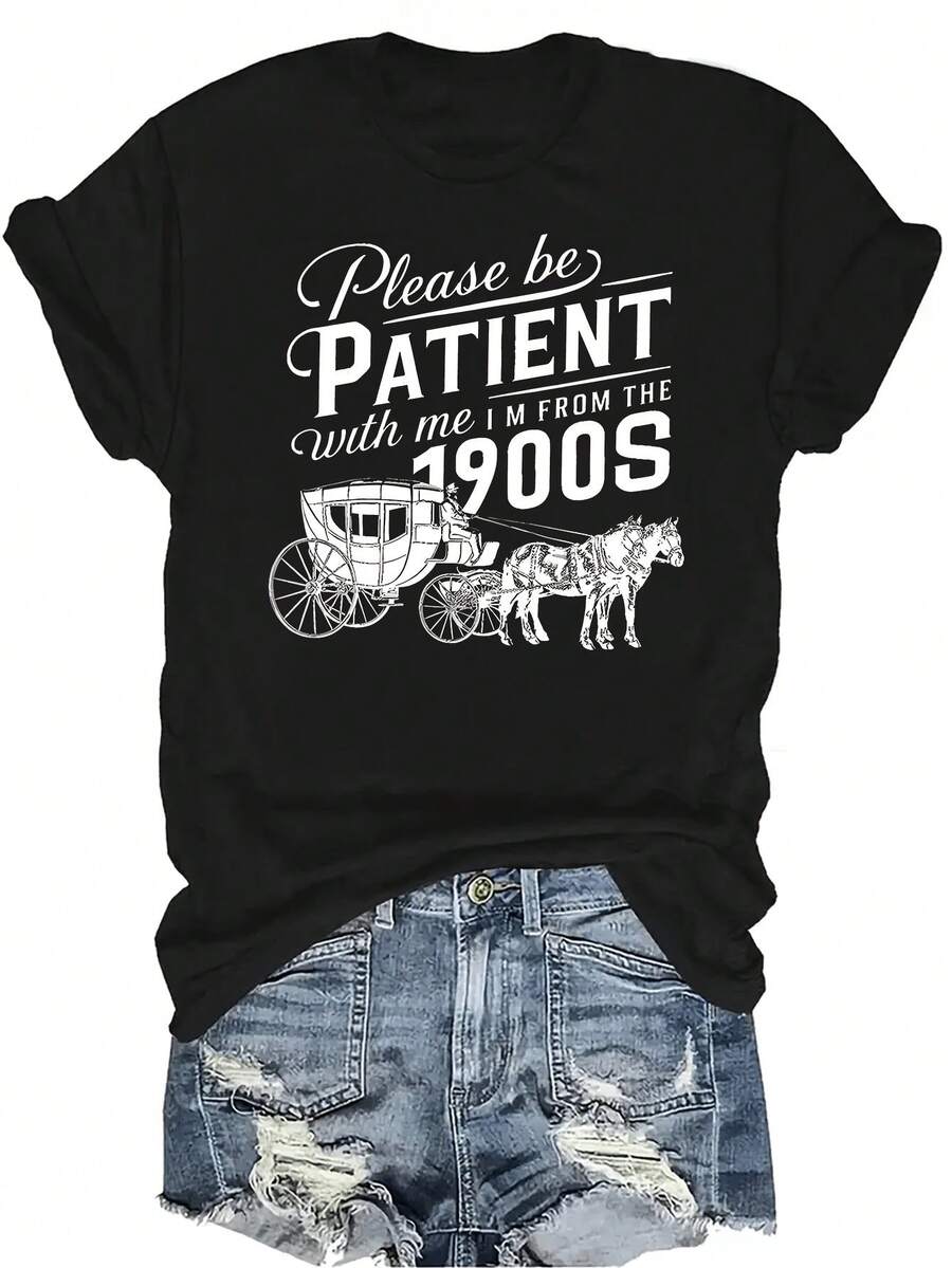 Camiseta PATIENT de los años 1900 para mujer y unisex, de verano, casual, transpirable, con personalidad, cuello redondo, manga corta, ropa de calle, versátil, adecuada para adolescentes y adultos - Negro - Ver 1