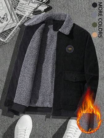 男士休闲保暖内衬加厚拉链夹棉大衣，冬季长袖灯芯绒领工作夹克，厚重材质，男士冬季夹克