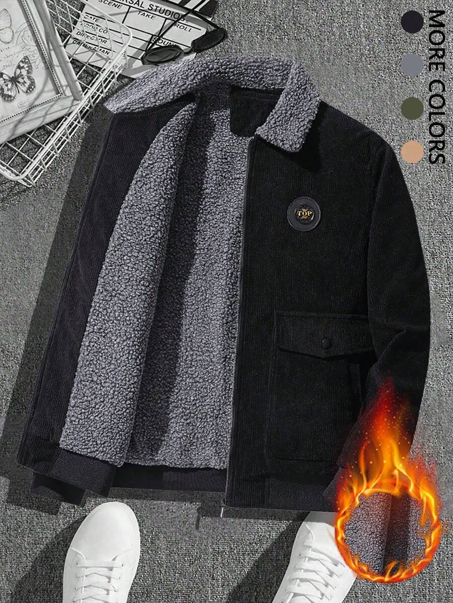 男士休闲保暖内衬加厚拉链夹棉大衣，冬季长袖灯芯绒领工作夹克，厚重材质，男士冬季夹克 - 黑色 - 查看 1