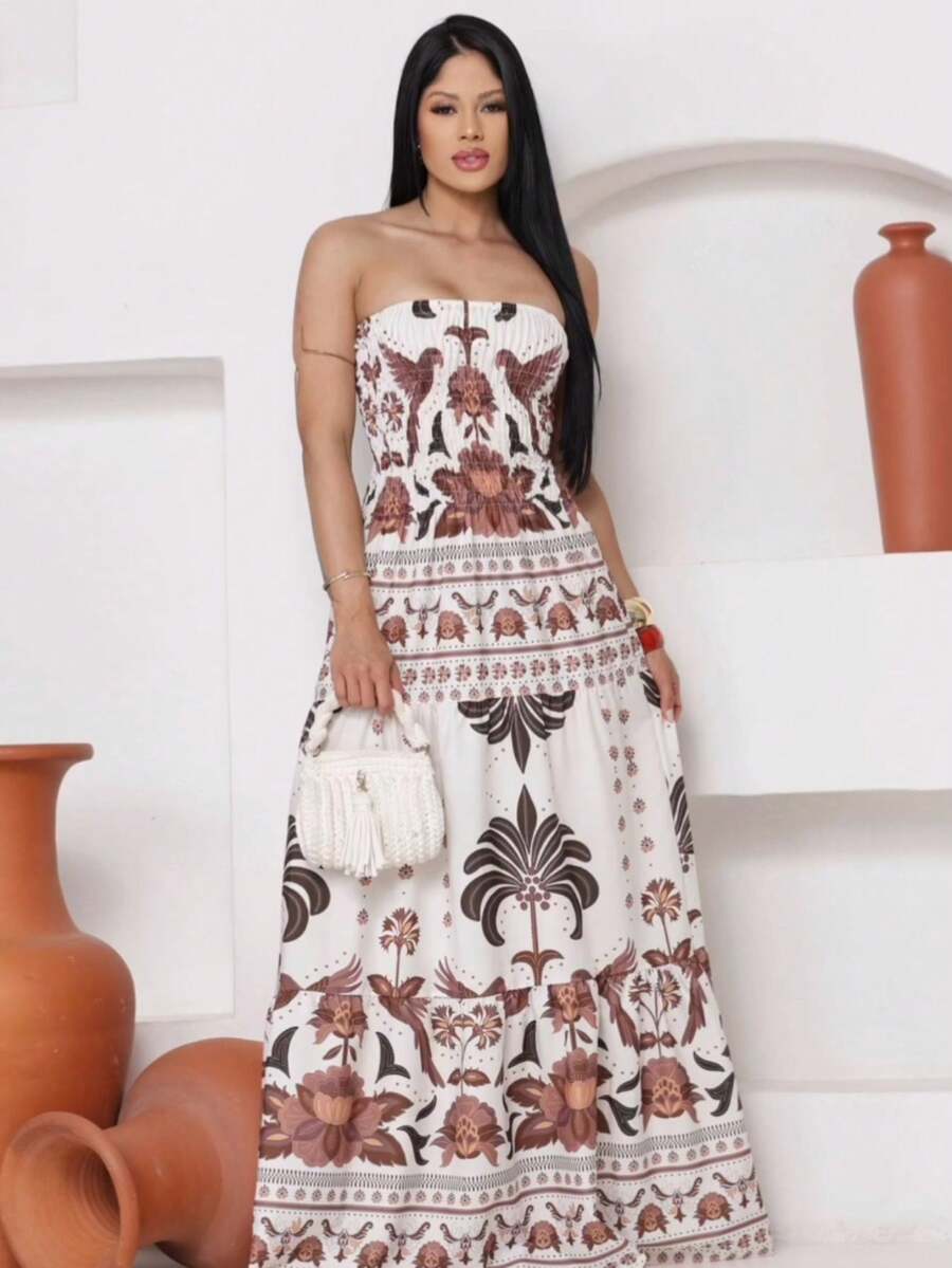 Look Of Millions!!! Long Strapless Dress With Floral Print - Medium Wash - View 1