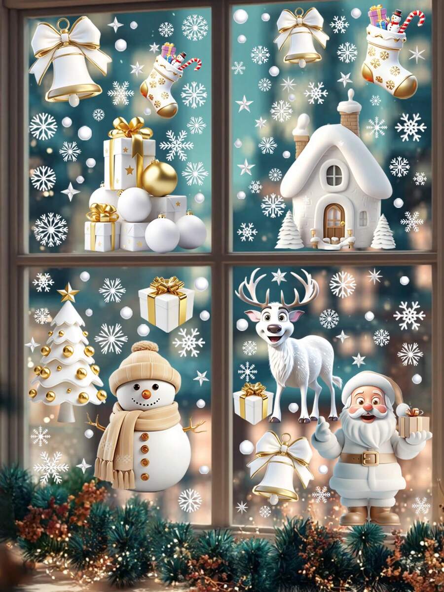 111pcs (9 Sheets) Christmas Glass Stickers, Snowflake, Santa Claus, Reindeer, Snowman Pattern Christmas Window Decorative Stickers, Suitable For Indoor Window Decoration During Winter Holidays - White & Gold Series