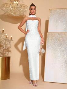 Elegant Beaded Decor Strapless High Slit Bridesmaid Dress, Bandage Party Gown - White - View 9