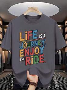 Camiseta gráfica casual de verano para hombres - Impresión "La vida es un viaje, disfruta el recorrido", cuello redondo, manga corta, ajuste regular, tallas para adultos - Negro - Ver 10