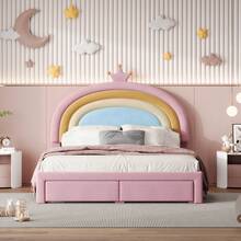 PRINCESS LOVESEAT SOFA BED PU LEATHER UPHOLSTERED LOW SOFA BED WITH BUTTON TUFTED CUTE CROWN HEADBOARD FOR KIDS, PINK