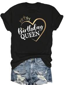 Nueva camiseta de la Reina del Cumpleaños para mujer y unisex, de verano, casual, transpirable, con personalidad, cuello redondo, manga corta, ropa de calle, versátil, adecuada para adolescentes y adultos - Negro - Ver 1