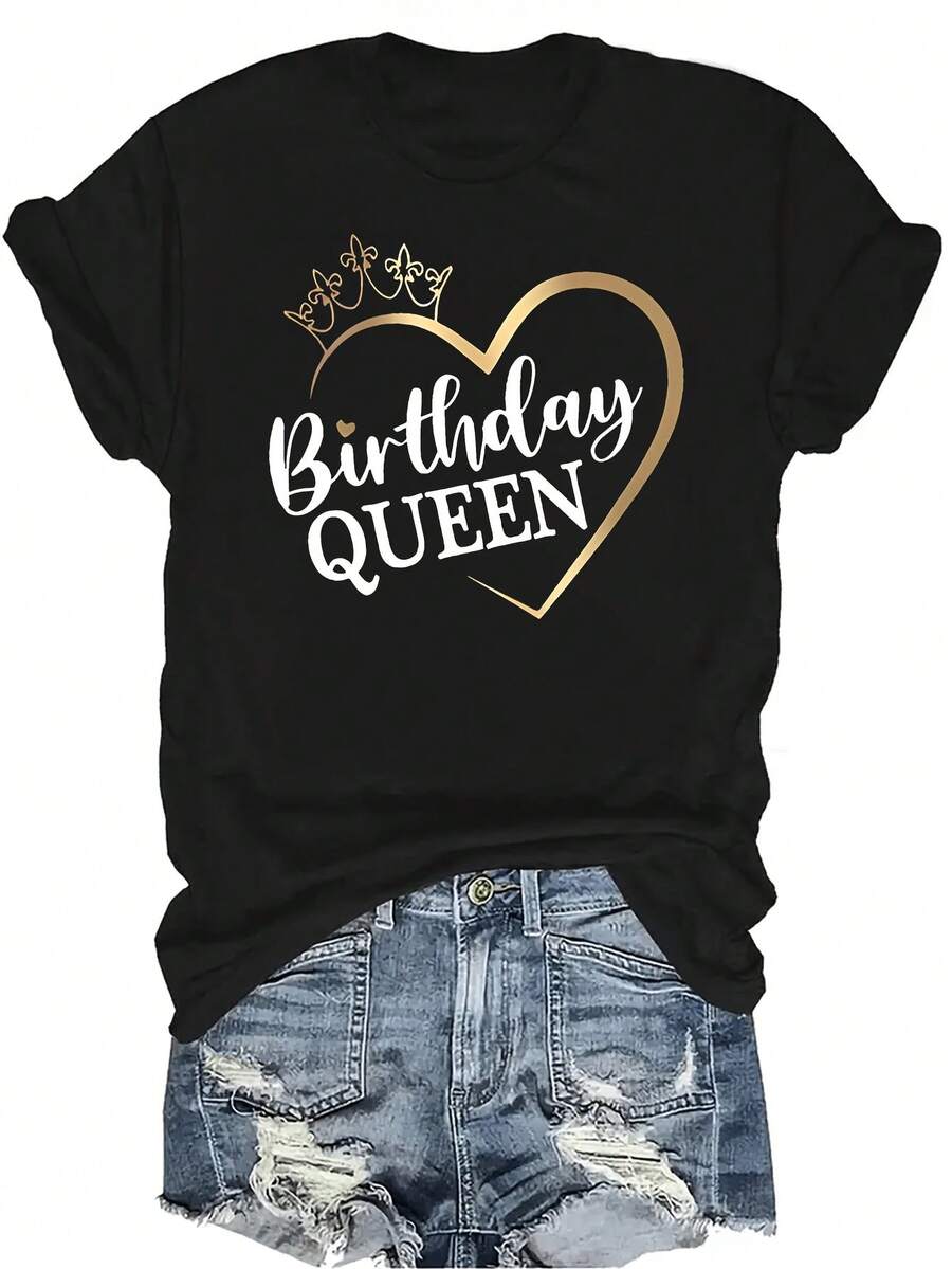 Nueva camiseta de la Reina del Cumpleaños para mujer y unisex, de verano, casual, transpirable, con personalidad, cuello redondo, manga corta, ropa de calle, versátil, adecuada para adolescentes y adultos - Negro - Ver 1