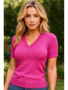 Women's Short Sleeve Blouse | Short Sleeve Blouse | Summer Blouse | Short Sleeve Elastane Blouse - 玫紅色 - 查看 3