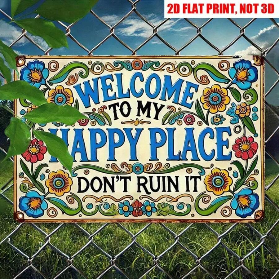 1pc Rustic "This Is My Happy Place" Metal Wall Sign - 30x20cm Inspirational Home Decor Plaque, Suitable For Living Room, Vintage Distressed Finish, Perfect For Cozy Spaces, Wall Art | Nostalgic Charm | Wall Hanging Decor, Retro Home Decor, Random Hole Style - Multicolor - View 1