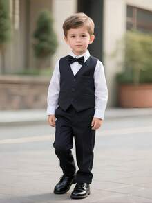 4-Piece Set Of Boys Formal Suit Vest Pants Bow Tie Boy Elegant Suit Boy Wedding Guest Children Gentleman Suit Party Dress - Black - View 2
