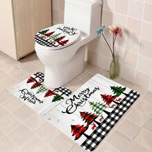 1 pieza/4 piezas Juego de cortina de ducha multifuncional con árbol de Navidad feliz y renos, incluye 12 ganchos gratis, crea un ambiente festivo, alfombra de baño, alfombra en forma de U y alfombra redonda para el inodoro, adecuado para todas las escenas navideñas del baño