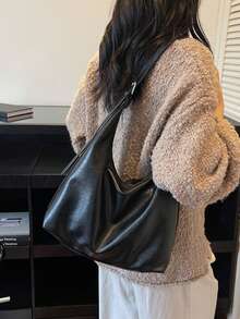 2025 Autumn/Winter New Vintage Shoulder Bag, Crescent Moon Bag, Matte Tote Bag, Large Capacity Crossbody Casual Hobo Bag, Adjustable Shoulder Strap, Crossbody Bag For Women, Versatile Commuter Bag - Black - View 6