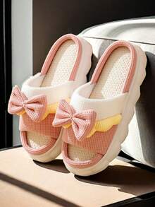 1 par de pantuflas de casa abiertas de lino con lazo, unisex, lindas, aptas para todas las estaciones