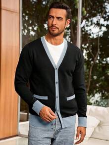Men's Long Sleeve Button Down Knitted Cardigan Sweater With Pockets, Casual Style - 黑色 - 查看 4