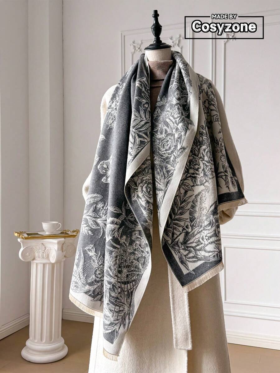1条优雅花卉提花围巾，温暖的波西米亚风格披肩毯，适合空调房使用，秋冬季时尚配饰。 - 灰色 - 查看 1