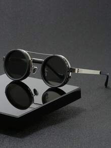 Solid Color Retro Kaleidoscope Style Rotatable Party Fashion Glasses, Party, Gathering, Travel, Fashion Steampunk Style Rotatable Lens Glasses - Adjustable Brightness, Alloy Frame, Black Frame With Gray Lens, Suitable For Masquerade And Fashion Accessories, Fashion Statement Glasses | Steampunk Glasses | Alloy Frame Glasses