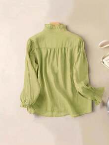Women's Plain Ruffled Collar Long Sleeve Casual Blouse Shirt, Autumn - Yellow - View 2